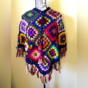 Unique colorful knit wool granny square poncho